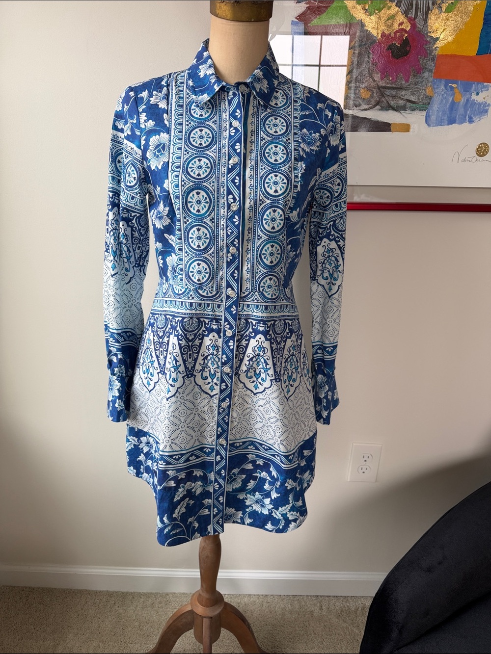 Printed Blue and White Long-Sleeve Shirt Dress